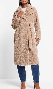 Taupe Tan Furry Soft Winter Fall Belted Faux Fur Trench Coat Jacket