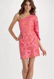 LILLY PULITZER TERESA EYELET HOTTY PINK DOUBLE OR NOTHING ONE SLEEVE SILK DRESS