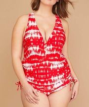 Lane Bryant Cacique Red Tie Dye Underwire Ruched Skirt One Piece Swimsuit Sz.40D