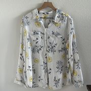 Charter Club 100% Linen Floral Button Front Collar Shirt Blouse Lagenlook XL