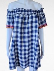 Derek Heat Blue White Checkered Off Shoulder Tunic Mini Dress Size Medium