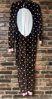 Forever 21 Bear Animal Polka Dot Brown White Plush One Piece Pajamas Size Large