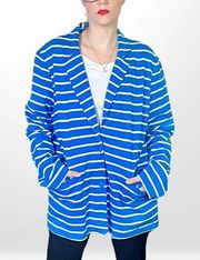 00s JOAN VASS Vintage Blue White Cotton Striped Collared Cardigan