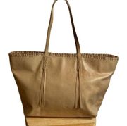 Ash Beige Leather Tote Whip Stitch Fringe