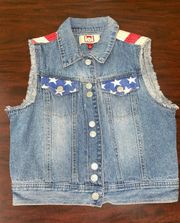 . Button Up American Flag Devin Denim Cropped Vest Size Small