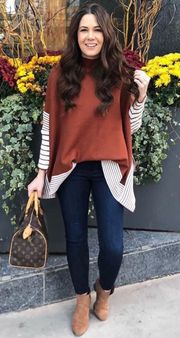 Women's Caramel Striped Oversize Soft Knit Cape Sweater Pullover XL