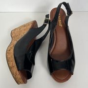 BAMBOO Vesper Cork Soled Platform Wedge Peep Toe Slingback Sandal Black Patent