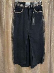 Free People x One Teaspoon Black Denim Oak Studded Rocko Slit Maxi Skirt 2/24 NW