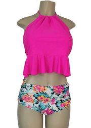 SO Womens XL Pink Floral Halter Ruffled High Waisted Two Piece Swimsuit NWOT
