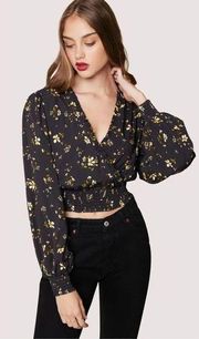 Lost + Wander Champagne Daisy Floral Long Sleeve Crop Top 2X Black Smocked NWT