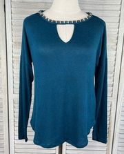 JENNIFER LOPEZ Knit Long Sleeve Tee Keyhole Opening & Beaded Neckline-XS