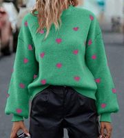 SHEIN Lune Heart Pattern Drop Shoulder Sweater Green Pink Graphic Puff Sleeve