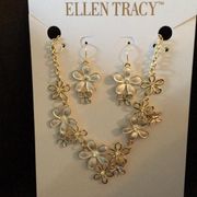 New Ellen Tracy White & Gold Floral Earrings & Nec
