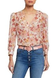 Veronica Beard  Womens Milan Blouse Pink Floral Long Sleeve V Neck Metallic 0 New