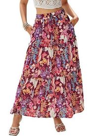 NEW Burgundy Multicolor Floral & Butterfly Print Boho Ruffle Maxi Skirt