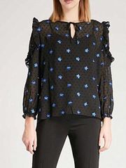 Maje Black Floral Embroidered Ruffle Top