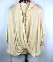 Lovestitch‎ Cream Boho Woven Front Wrap Twist Loose Pullover Poncho With Hoodie