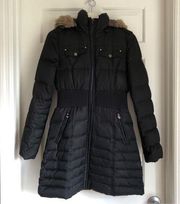 Down Filled Long Puffer Coat Black Jacket XS Women’s Hooded Full Zip Faux Fur