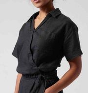 ATHLETA Black Linen Playa Tie Wrap Top Cropped Blouse Short Sleeves Size S