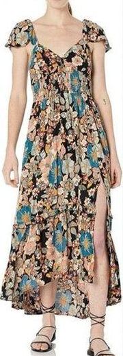 Angie Womens Floral Smocked Lace Up Back Maxi Dress Small boho bohemian