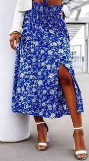 Floral Long Skirt Blue High-Waist Waisted Smocked Buttons Slit Midi Maxi XS
