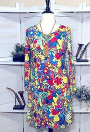 NWOT Deerose hippy 70s style retro psychedelic flower child peace sign dress L