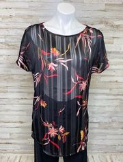 Sheer Floral Top Womens Size S Black Striped Split Sleeve Blouse