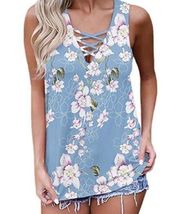 Women’s Light Blue  Floral Print Tank Top Sleeveless Criss Cross V Neck Shirt