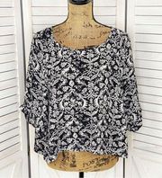 About A Girl Damask Print Cuff Sleeve Crop Blouse Black White Large