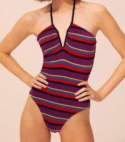 SOLID & STRIPED The Heather Grape Terry Stripe Halter One Piece Swimsuit NEW