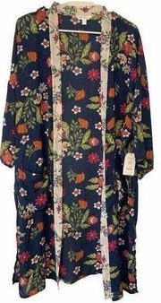 Time and Tru Women L 12-14 Blue Floral Print Kimono Robe,Pockets New With Tags