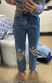 PLT Mid Blue Wash Ripped Knee Long Leg Straight Jeans 