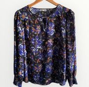 Pleione Long-Sleeve Floral Blouse with Keyhole Neckline in Small Size