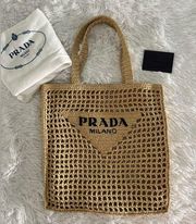 PRADA Logo Raffia Crochet Tote Bag Handbag