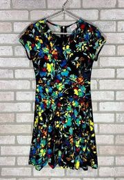 Parker Bold Floral Print Short Sleeve Fit and Flare Dress Size S