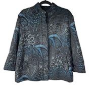 Chico’s Black Blue Paisley Hidden Button Jacke