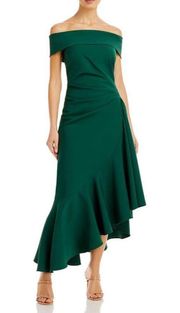 NWT Eliza J Off the Shoulder Asymmetric Ruffle Cocktail Dress Emerald
