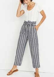 Madewell  PAPERBAG STRIPE DEEP INDIGO BELTED LINEN COTTON TAPERED HI RISE PANTS 2