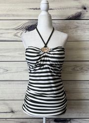 Green & White Striped Halter Tank Swim Suit Top