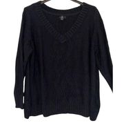 JASON WU Sweater Size 2x Plus Black V-Neck Cable Knit Pullover Relaxed Cotton