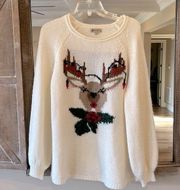 Christmas Sweater Off White Reindeer Womens Large Acrylic Crewneck