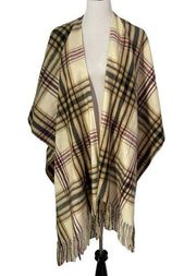 Woolrich Women Poncho Plaid Shawl Open Front Brown Striped Fringe Trim One Size