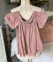 Hippie Laundry Mauve Peasant Boho Top M Women Crop Smocked Fringe Off Shouly