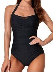 Black One Piece Swimsuit Tummy Control Ruched Mesh Vintage NWT Size XXL #0922