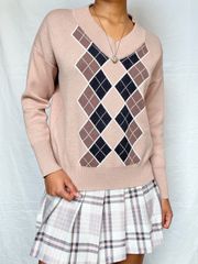 Pink Y2K Academia Argyle V-Neck Sweater 