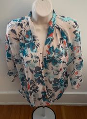 Floral Faux Wrap Sheer 3/4 Sleeves White & Blue Blouse, size S