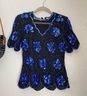 Vintage Scala Blue Floral Sequin Scallop Blouse Top, Zip, Size Small