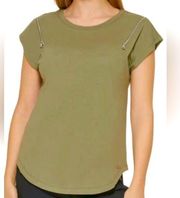 DKNY Fatigue Green Crew Neck Zip-Shoulder T-Shirt, Size Medium, New with Tag $59
