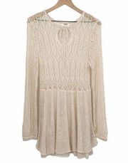 Umgee Crochet Lace Knit Sheer Mini Dress Coverup Keyhole Tie Long Sleeve Cream L