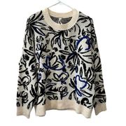 Anthropologie Wool Blend Blu and Black Embroidered Sweater(Size Large)